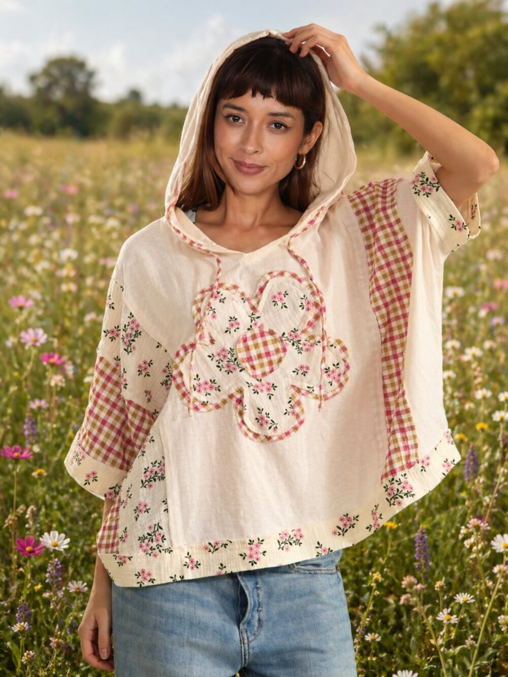 Sage + Fig Baggy Slouchy Gauze Daisy Plaid Patchwork Boho Girly Hoodie Top